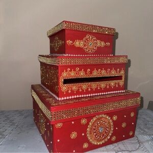 Red Decorative Storage Boxes with Gold Accents wedding gift cards